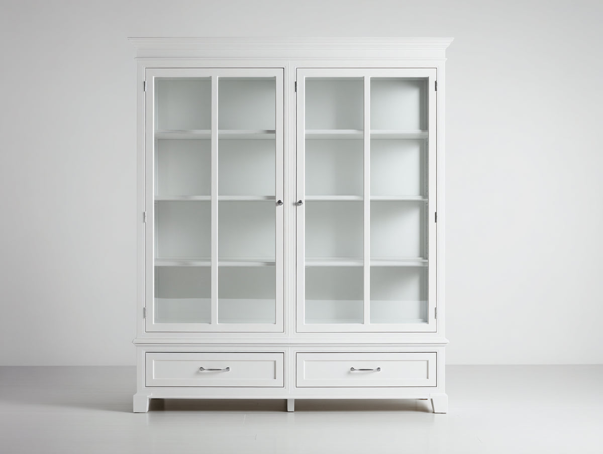 Vitrinas de madera y vidrio 130x45x190 cm - Blanco-Plateado - 2 puertas 2 cajones 3 estantes y diseño clásico