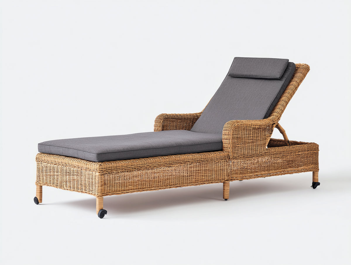 Tumbonas de ratán 200x75x95 cm - Marrón natural-Gris oscuro - Respaldo regulable con ruedas y diseño contemporáneo