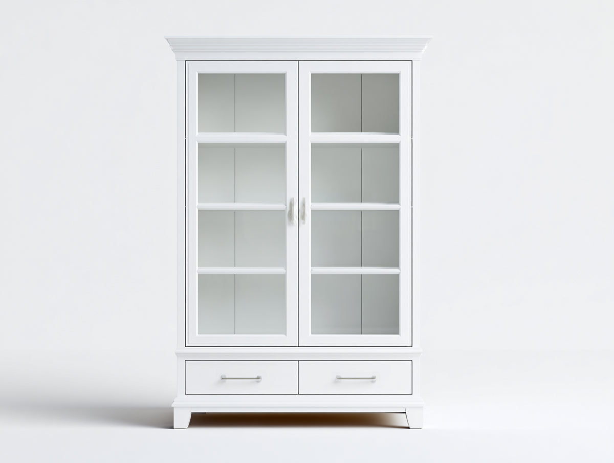 Vitrinas de madera 110x45x190 cm - blanco - 2 puertas de cristal y 2 cajones de diseño clásico