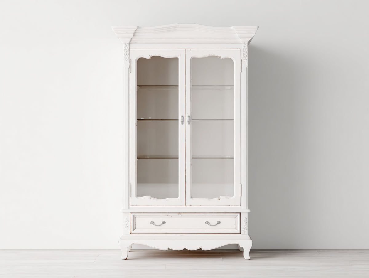 Vitrinas de madera y cristal 100x43x195 cm - blanco envejecido - diseño clásico con 2 puertas de cristal y 1 cajón