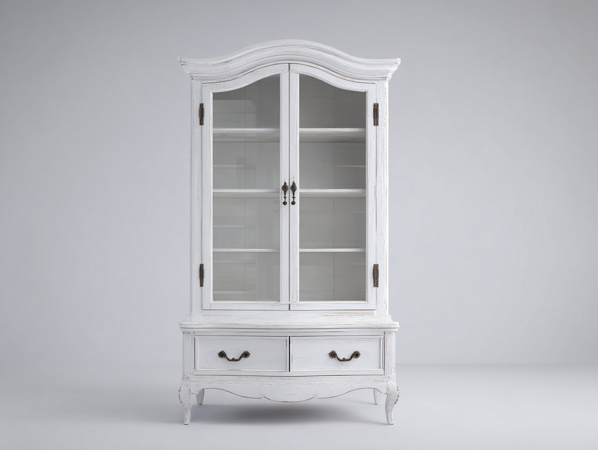 Vitrinas de madera 105x45x195 cm - blanco envejecido - 2 puertas de cristal y 2 cajones de diseño clásico