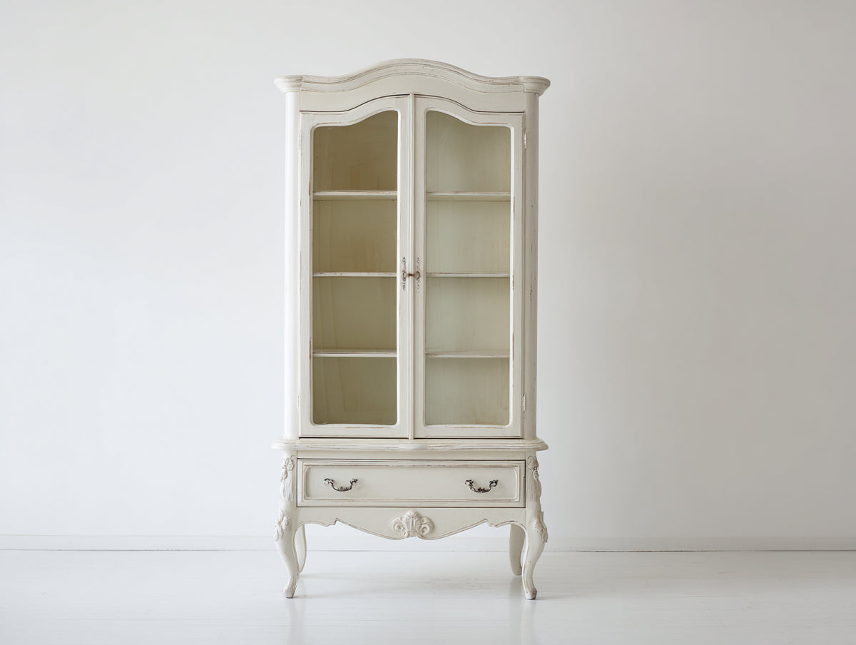 Vitrinas de madera y cristal 95x42x195 cm - blanco envejecido - diseño clásico con 2 puertas de cristal y 1 cajón