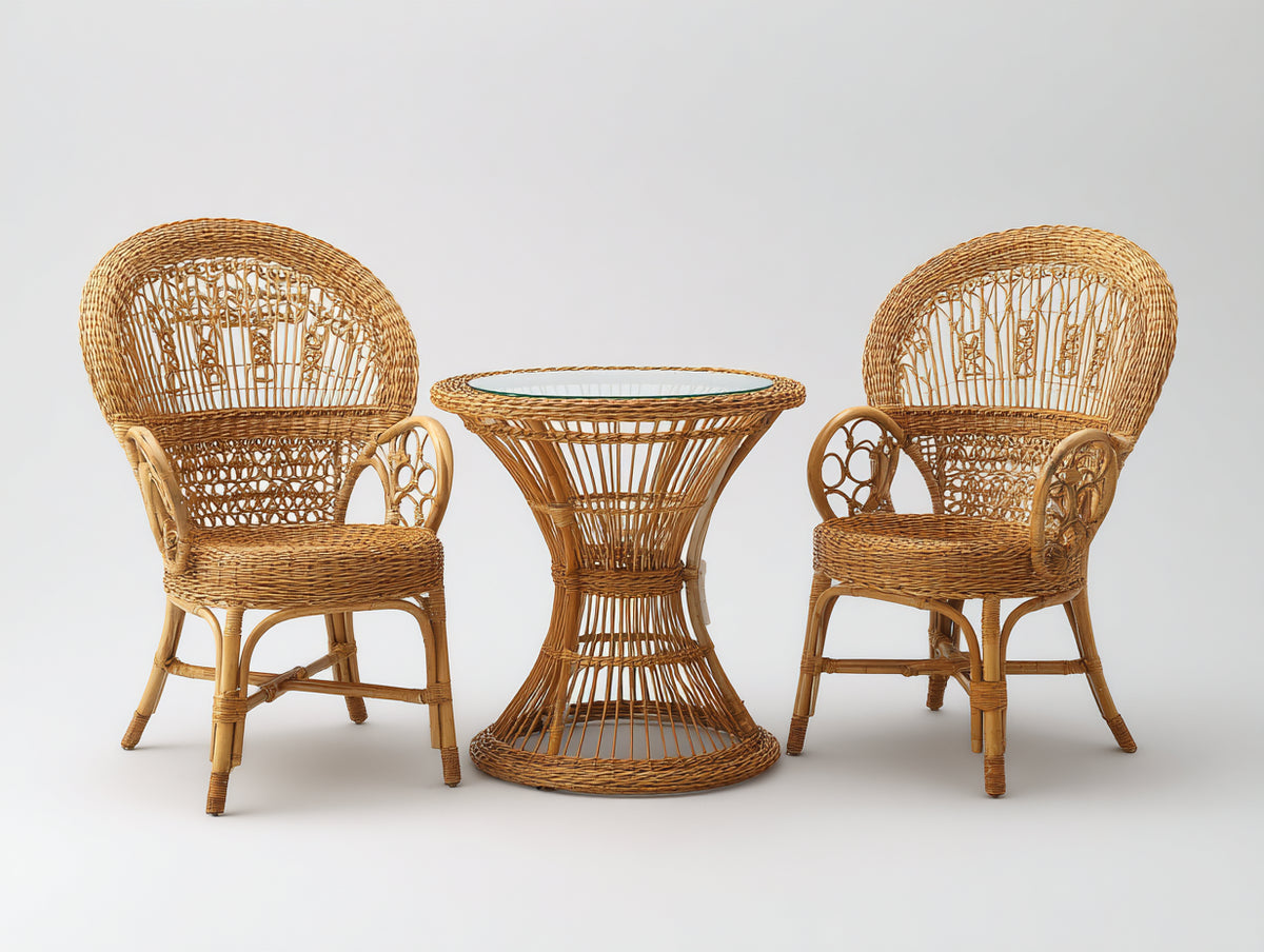 Conjuntos de comedor de jardín de ratán 85x85x75 cm - Marrón natural - Mesa redonda con 2 sillas y diseño clásico