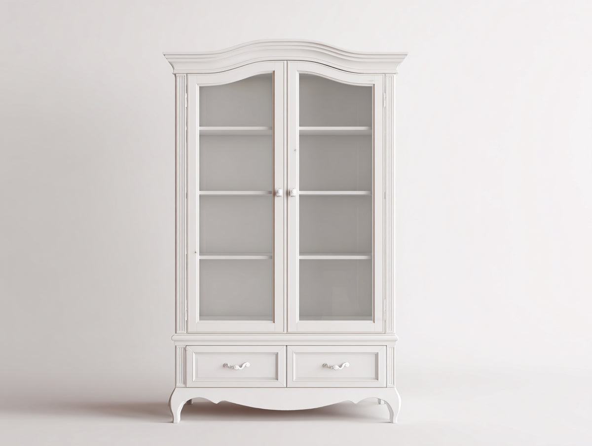 Vitrinas de madera y vidrio 110x45x190 cm - Blanco - 2 puertas 2 cajones 3 estantes y diseño clásico