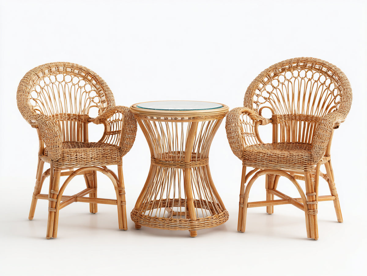 Conjuntos de comedor de jardín de ratán - marrón claro - mesa redonda 70x70x75 cm y 2 sillones 62x58x90 cm
