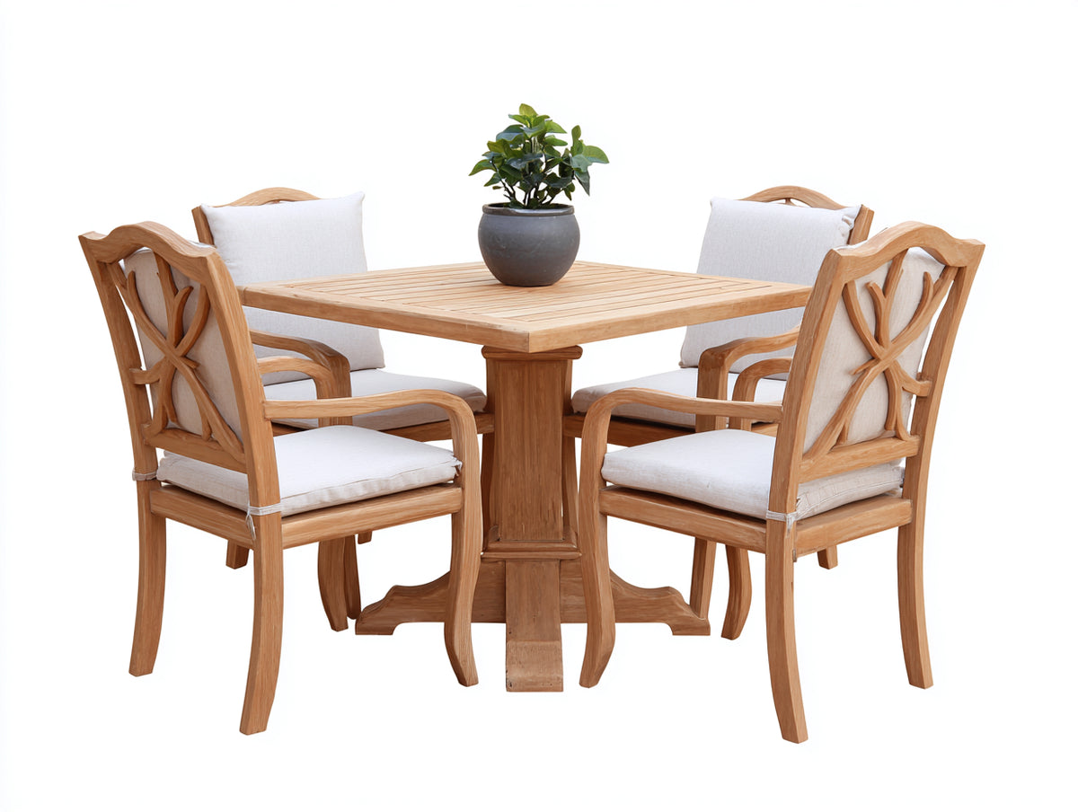 Conjuntos de comedor de jardín de madera - madera natural-beige - mesa cuadrada 120x120x75 cm y 4 sillones 60x58x92 cm