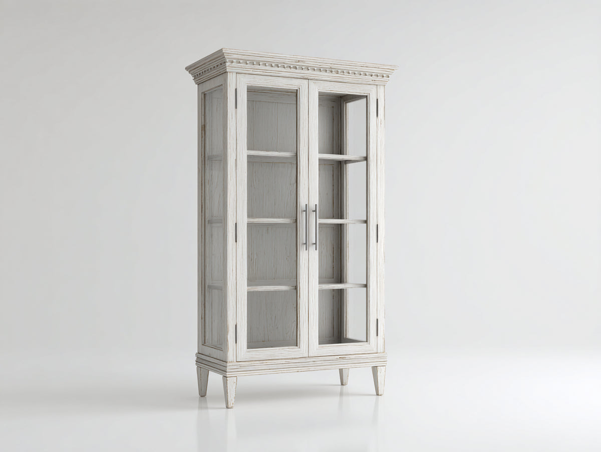 Vitrinas de madera 95x42x185 cm - blanco envejecido - 2 puertas de cristal y diseño clásico
