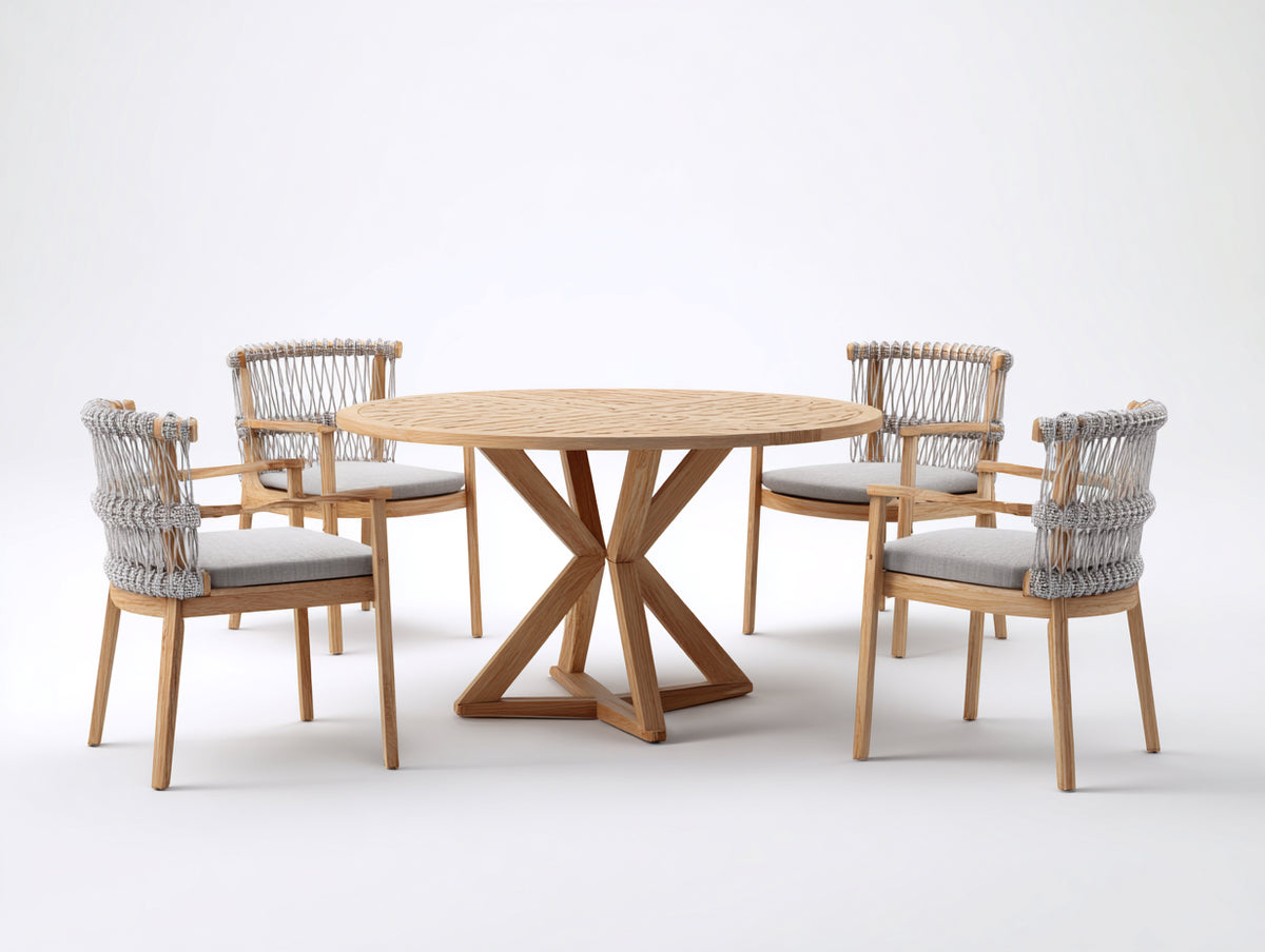 Conjuntos de comedor de jardín de madera y cuerda 120x120x75 cm - Marrón natural-Gris claro - Mesa redonda con 4 sillas y diseño contemporáneo