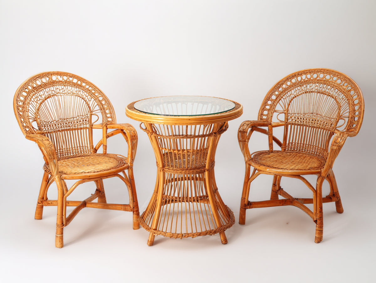 Conjuntos de comedor de jardín de ratán 3 piezas - ratán natural y cristal - diseño clásico con mesa redonda y 2 sillones